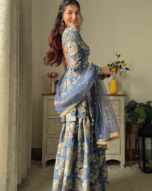 Delightful Embroidery Work Multi Blue Color Sharara Suit