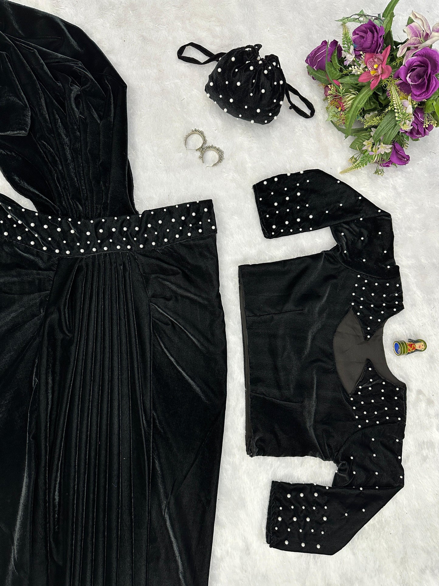 Party Wear Black Color Moti Work Lehenga Saree