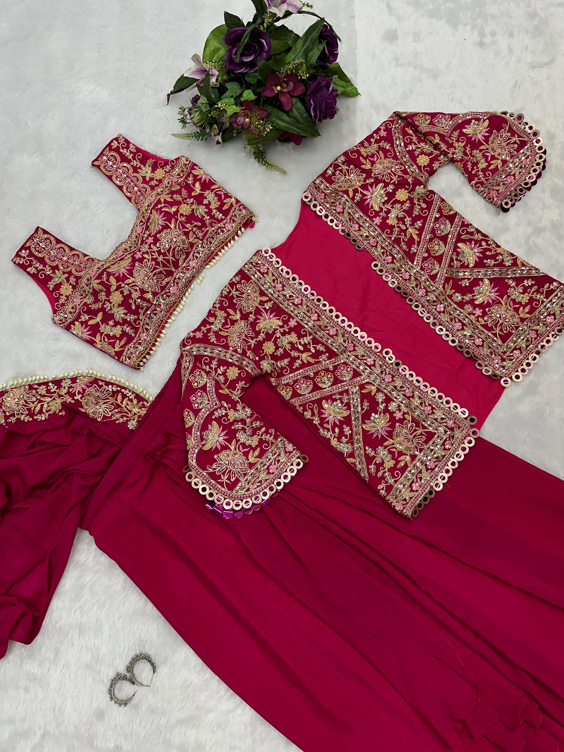 Presenting Embroidery Work Pink Color Ready To Wear Saree