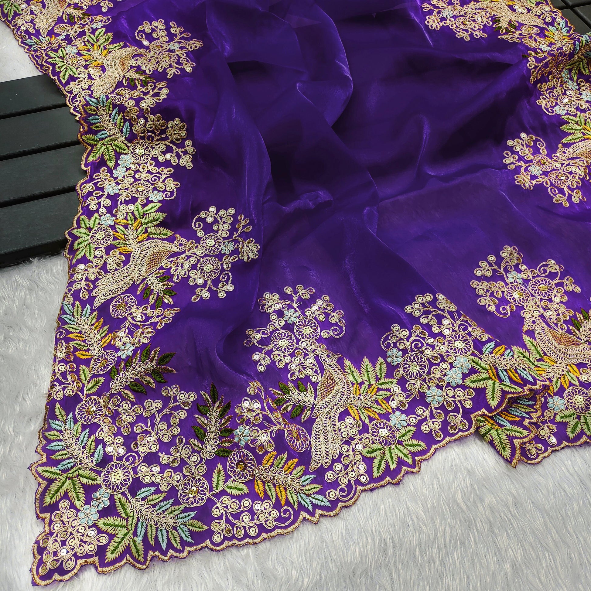 Traditional Wear Embroidery Work Purple Color Saree