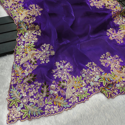 Traditional Wear Embroidery Work Purple Color Saree