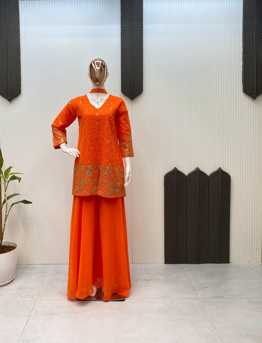 Stunning Georgette Orange Color Sharara Suit