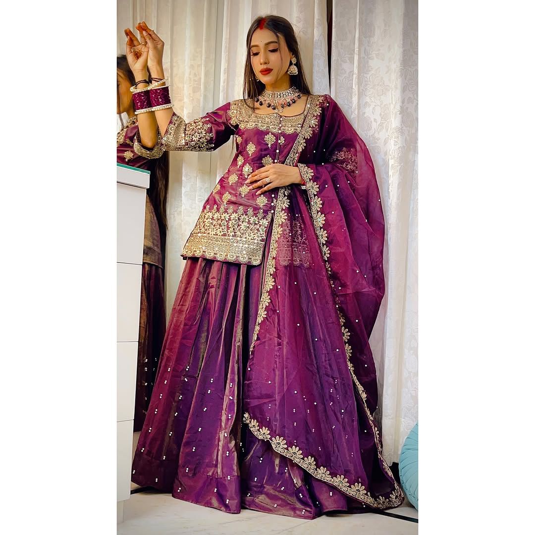 Simmer Silk Wedding Wear Wine Color Top With Lehenga