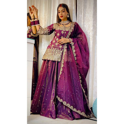 Simmer Silk Wedding Wear Wine Color Top With Lehenga