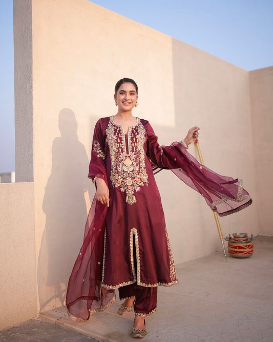 Exclusive Maroon Satin Silk Work Palazzo Suit