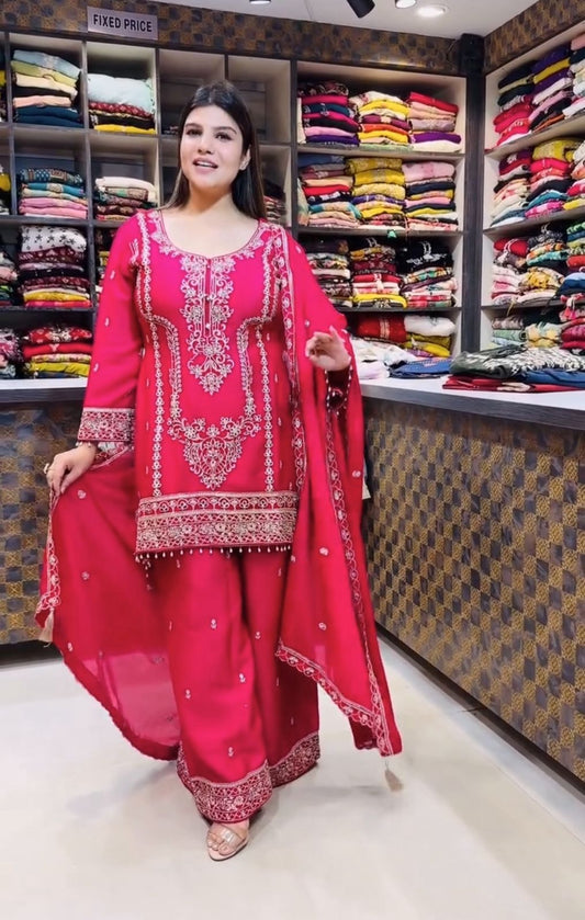Admiring Pink Chinon Silk Embroidery Work Palazzo Suit