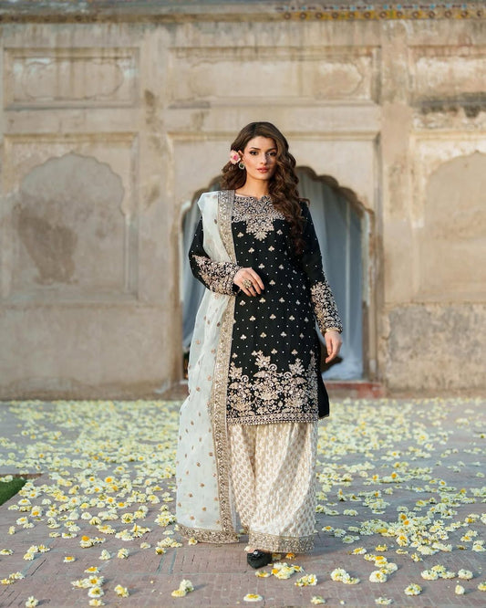 Decent Chinon Silk Black Color Palazzo Suit