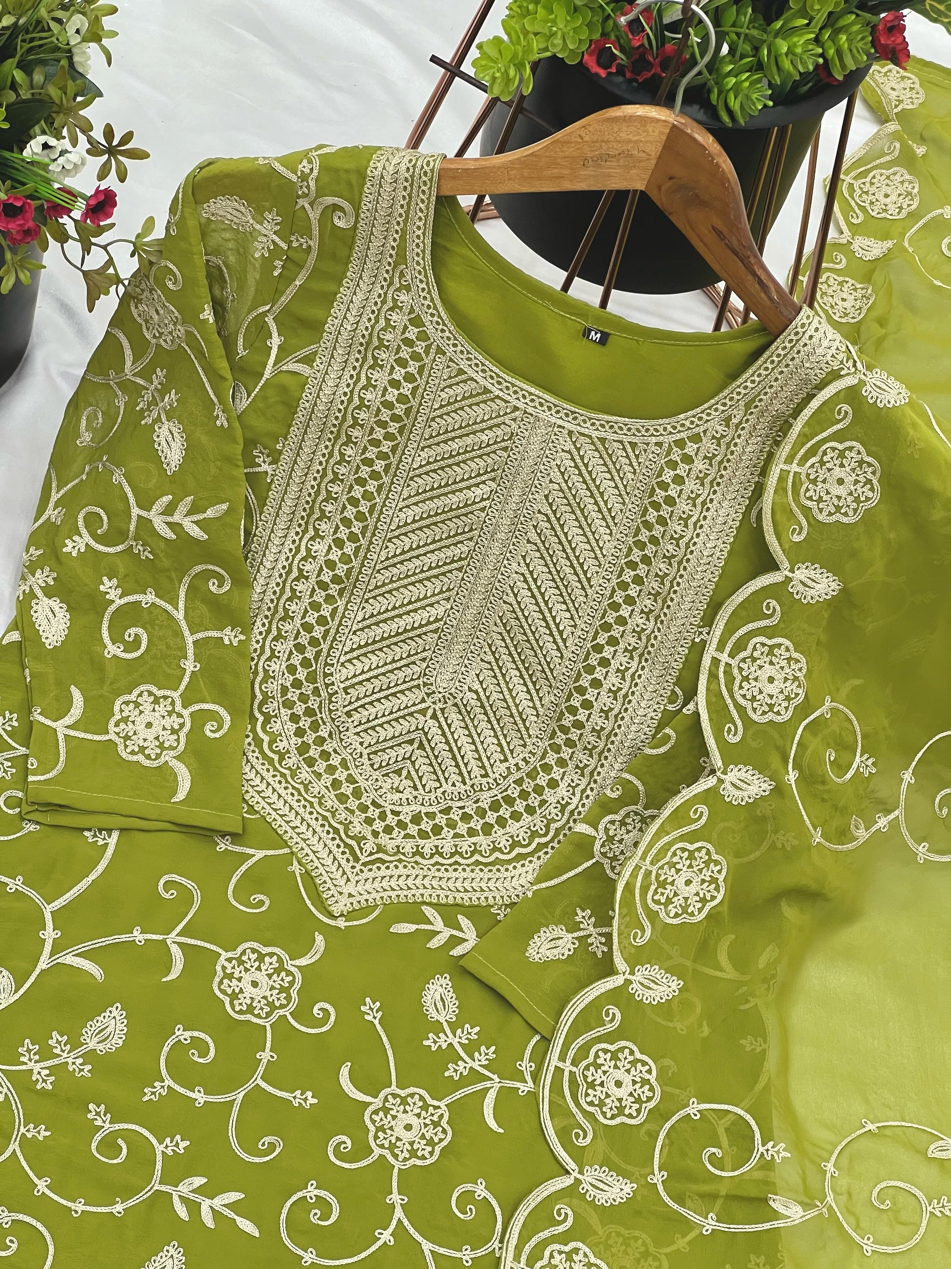 Designer Embroidery Work Perrot Color Sharara Suit