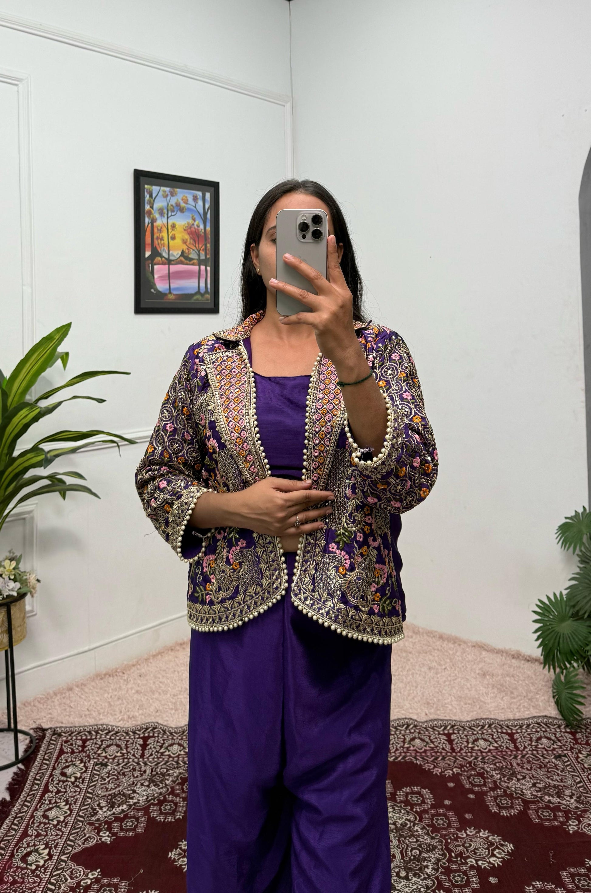 Flattering Chinon Purple Color Palazzo Top With Koti