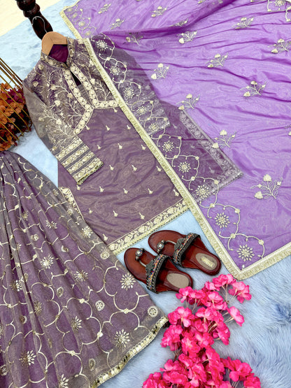 Exotic Gold Net Embroidery Work Onion Color Sharara Suit