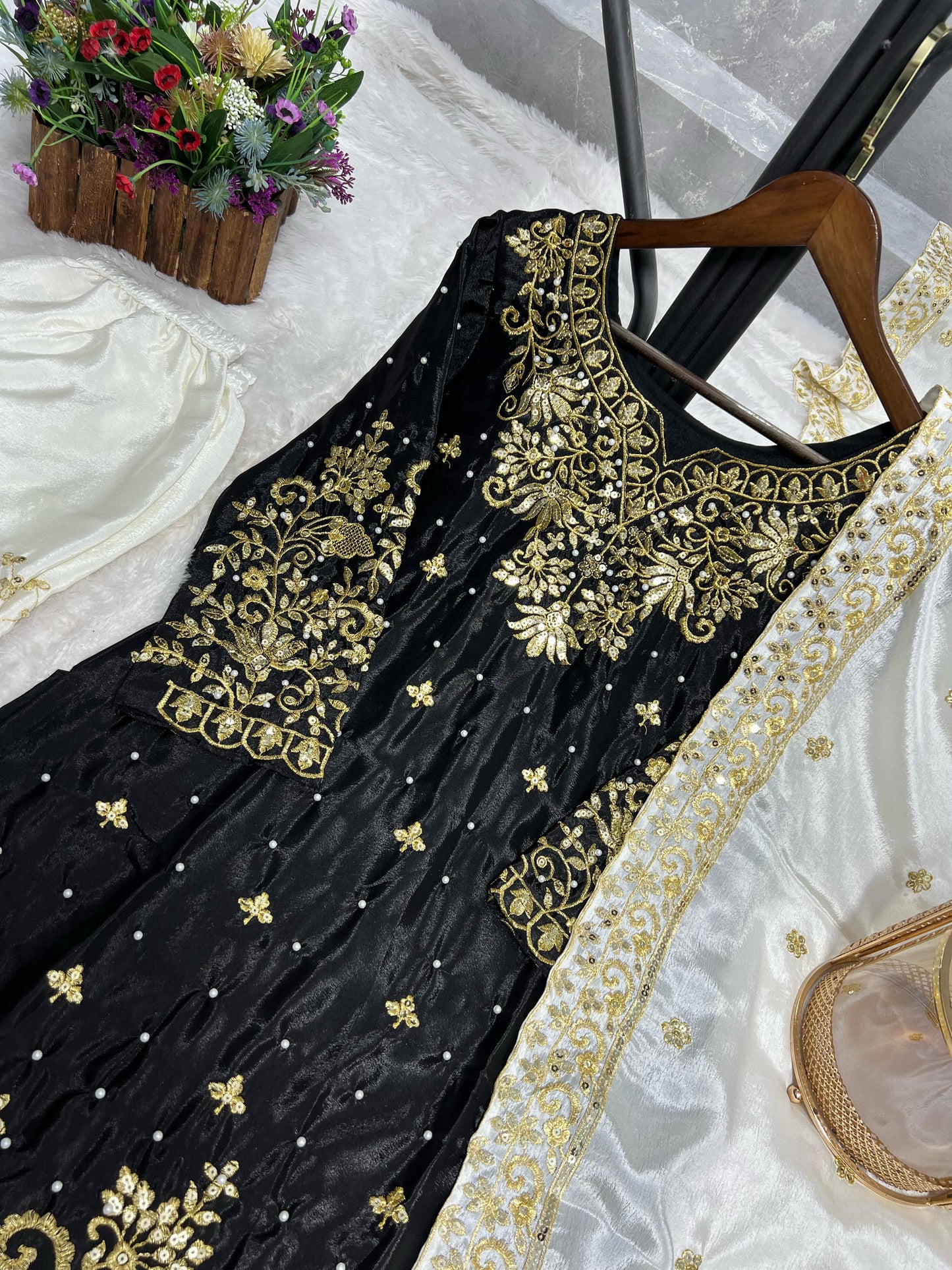 Decent Chinon Silk Black Color Palazzo Suit