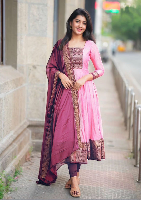 Awesome Zari Weaving Baby Pink Color Gown