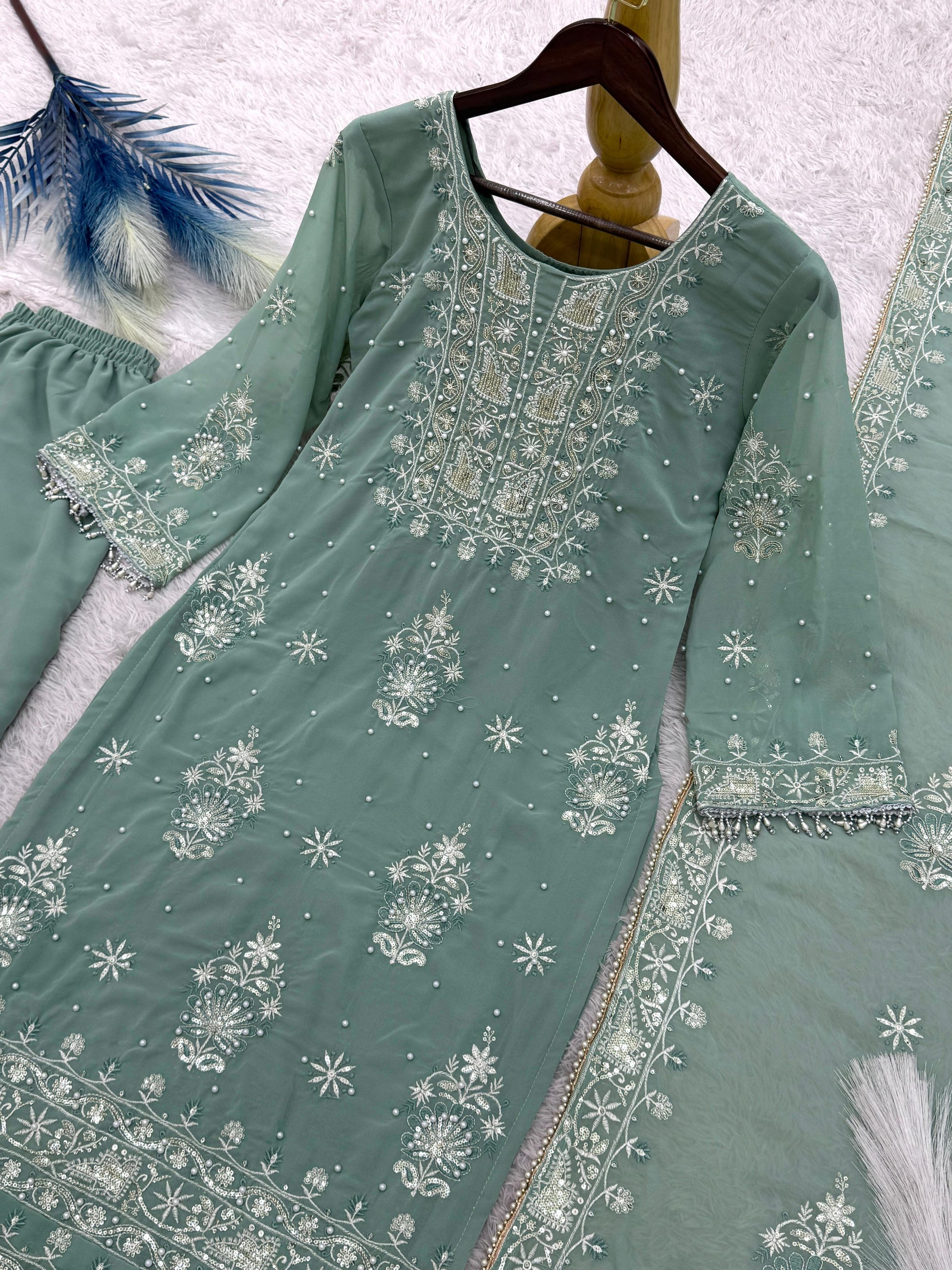 Classic Georgette Sequence Work Rama Color Plazzo Suit
