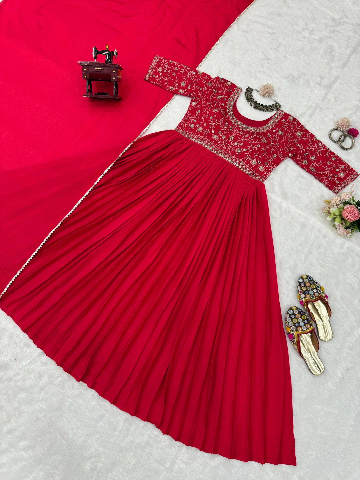 Awesome Real Mirror Work Red Color Gown