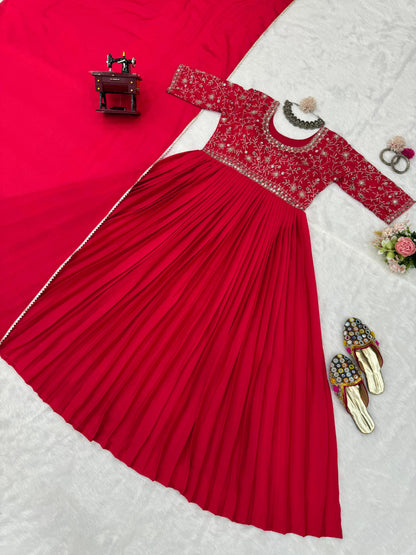 Awesome Real Mirror Work Red Color Gown