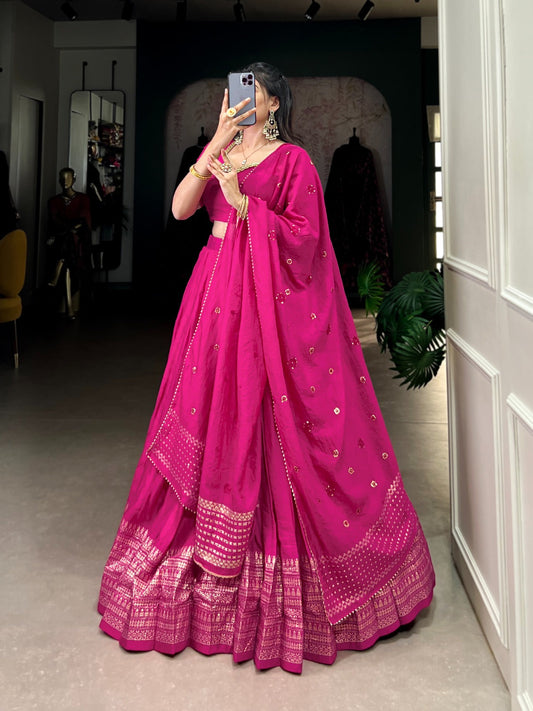 Party Wear Zari Weaving Work Pink Color Lehenga Choli