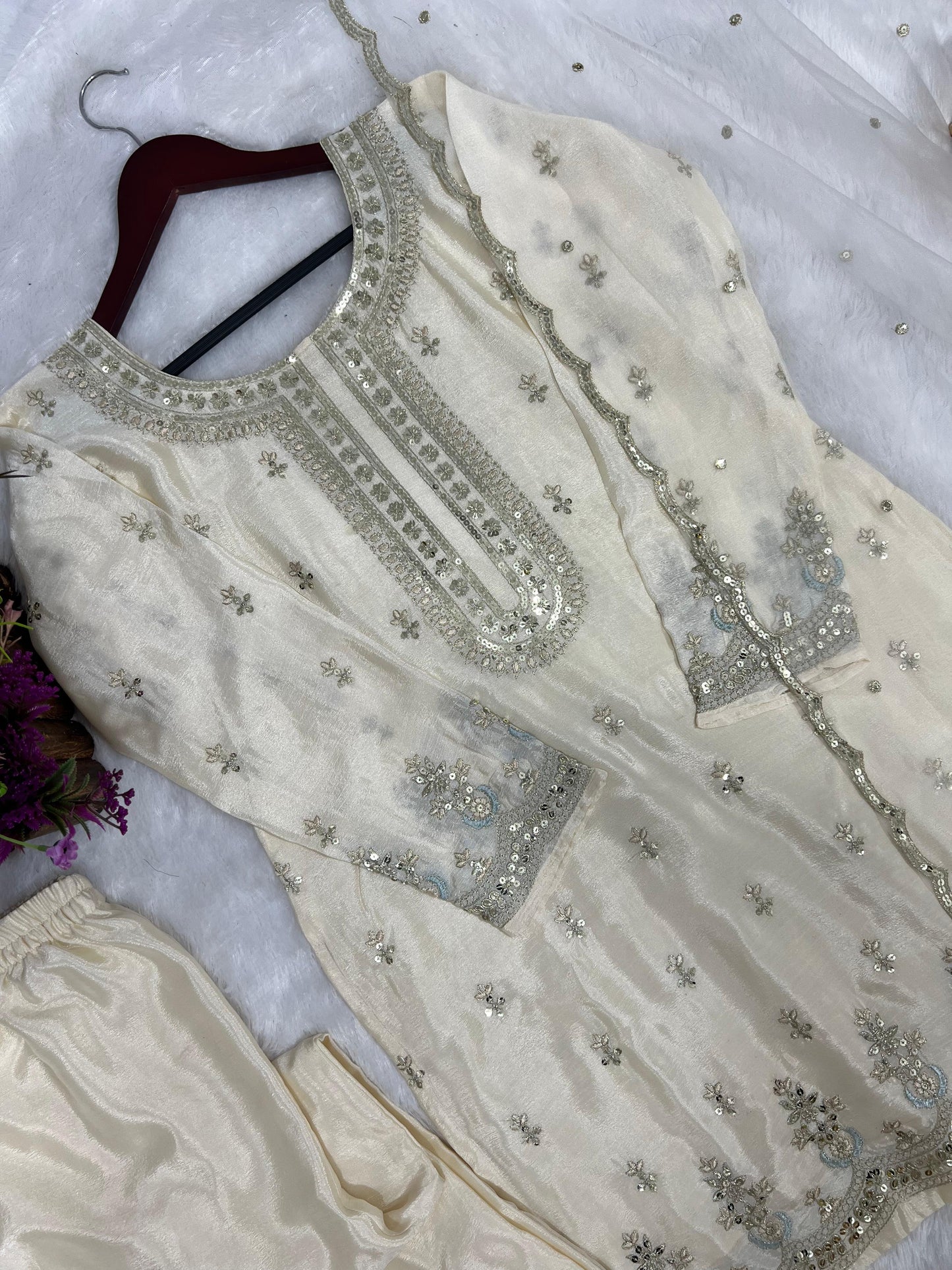 Opulent Sequence Work Cream Color Sharara Suit