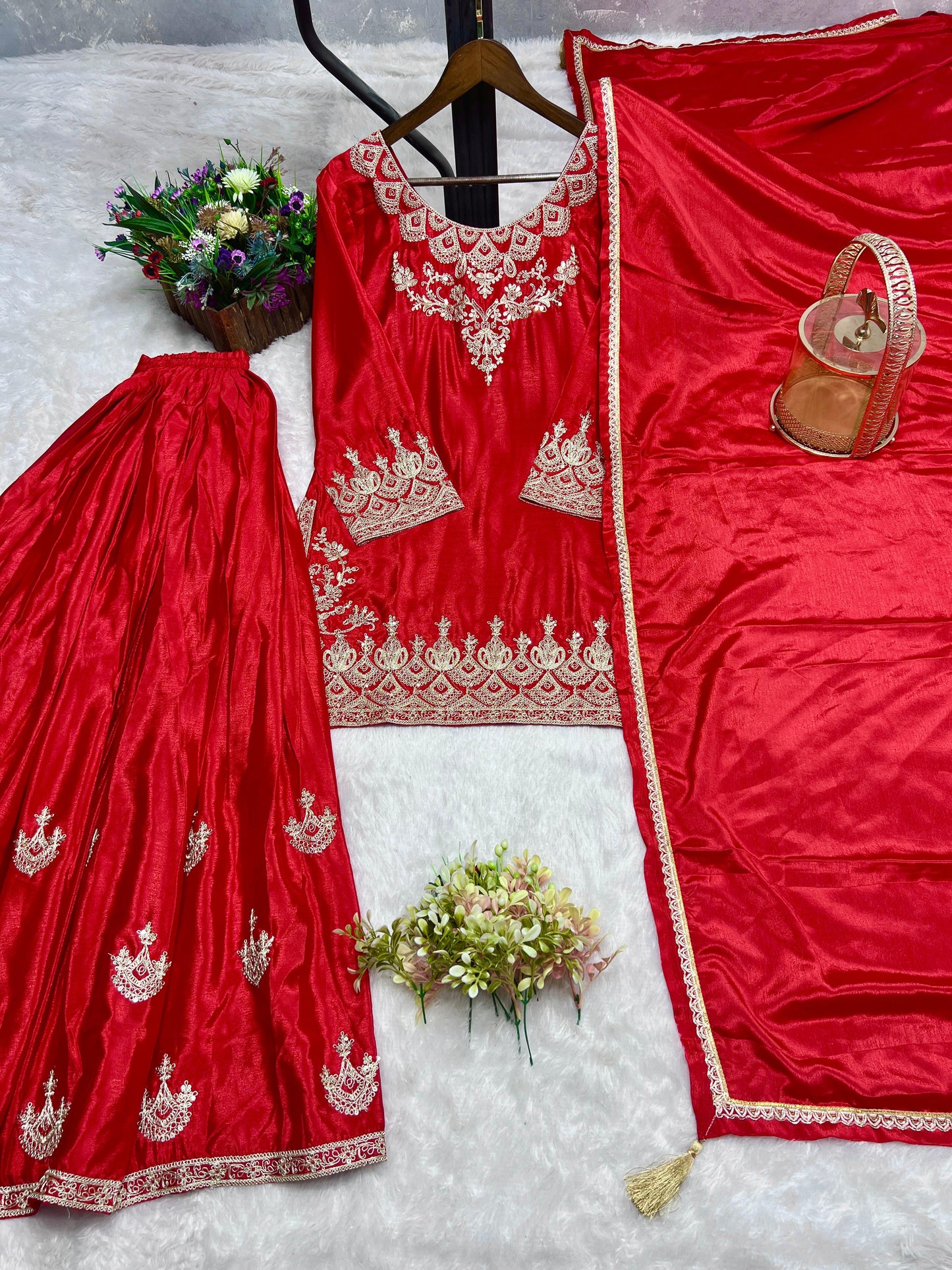 Designer Embroidery Work Red Color Palazzo Suit