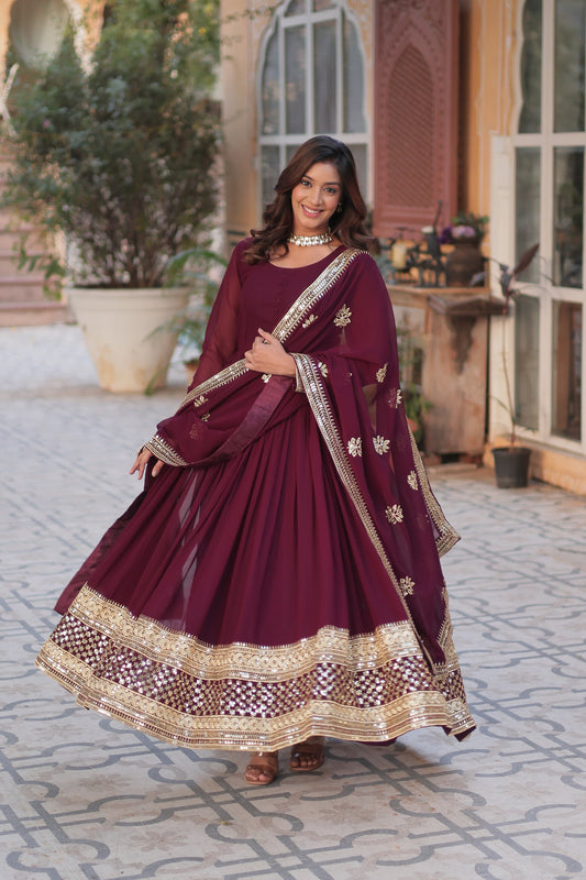 Good Looking Sequins Work Maroon Color Gown