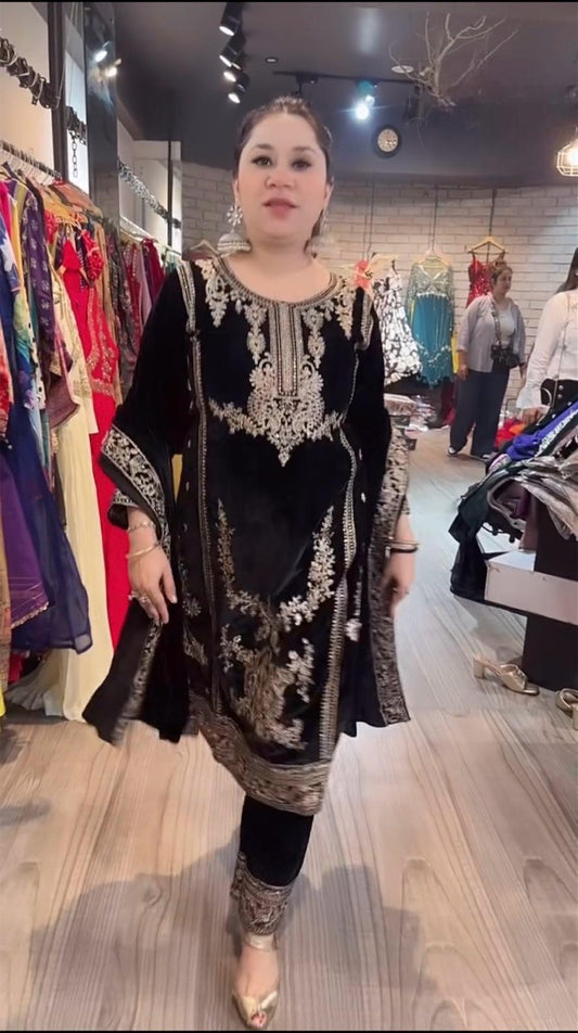 Exotic Viscous Embroidery Work Velvet Black Color Salwar Suit