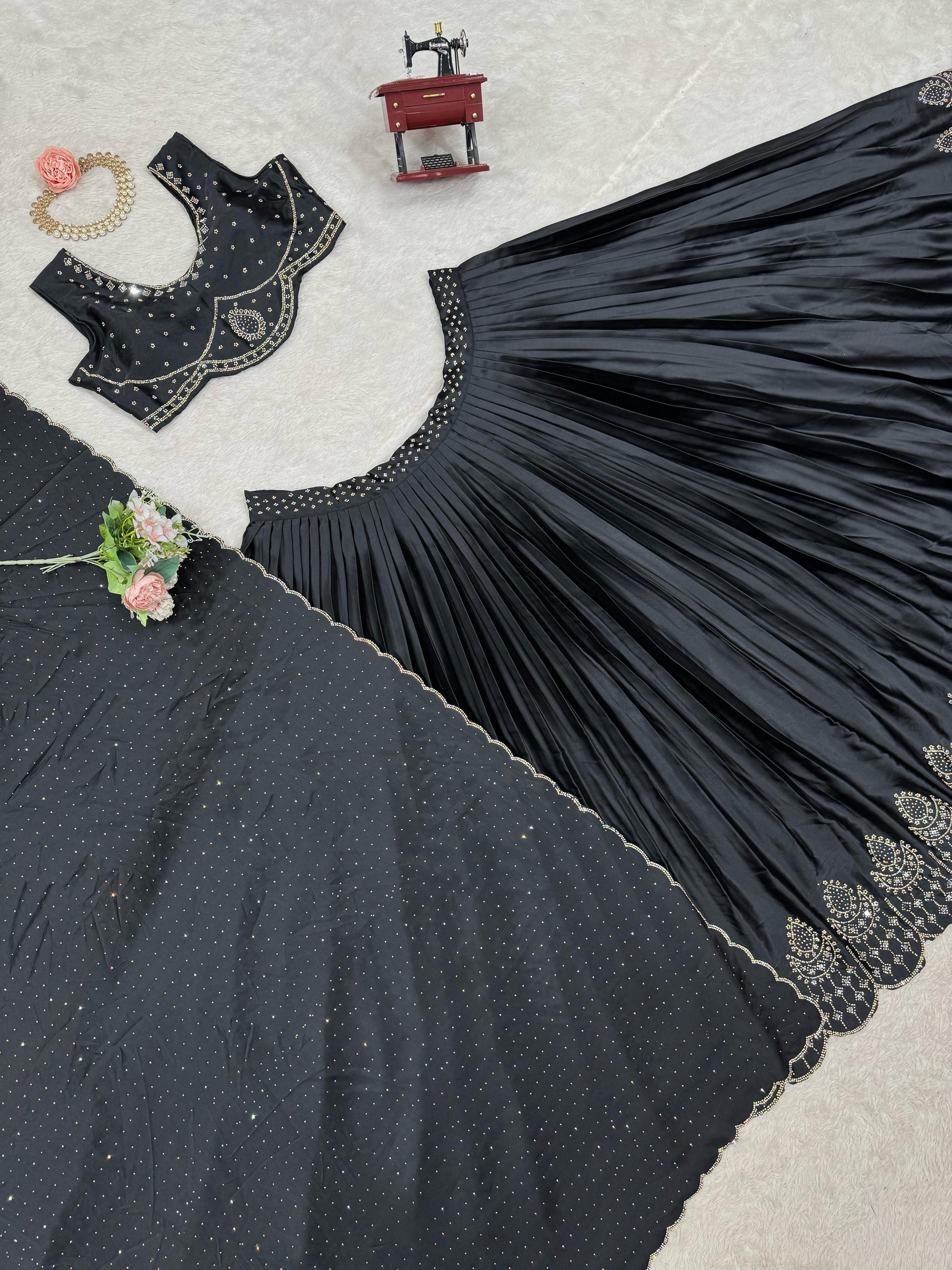 Wedding Wear Black Color Satin Silk Lehenga Choli