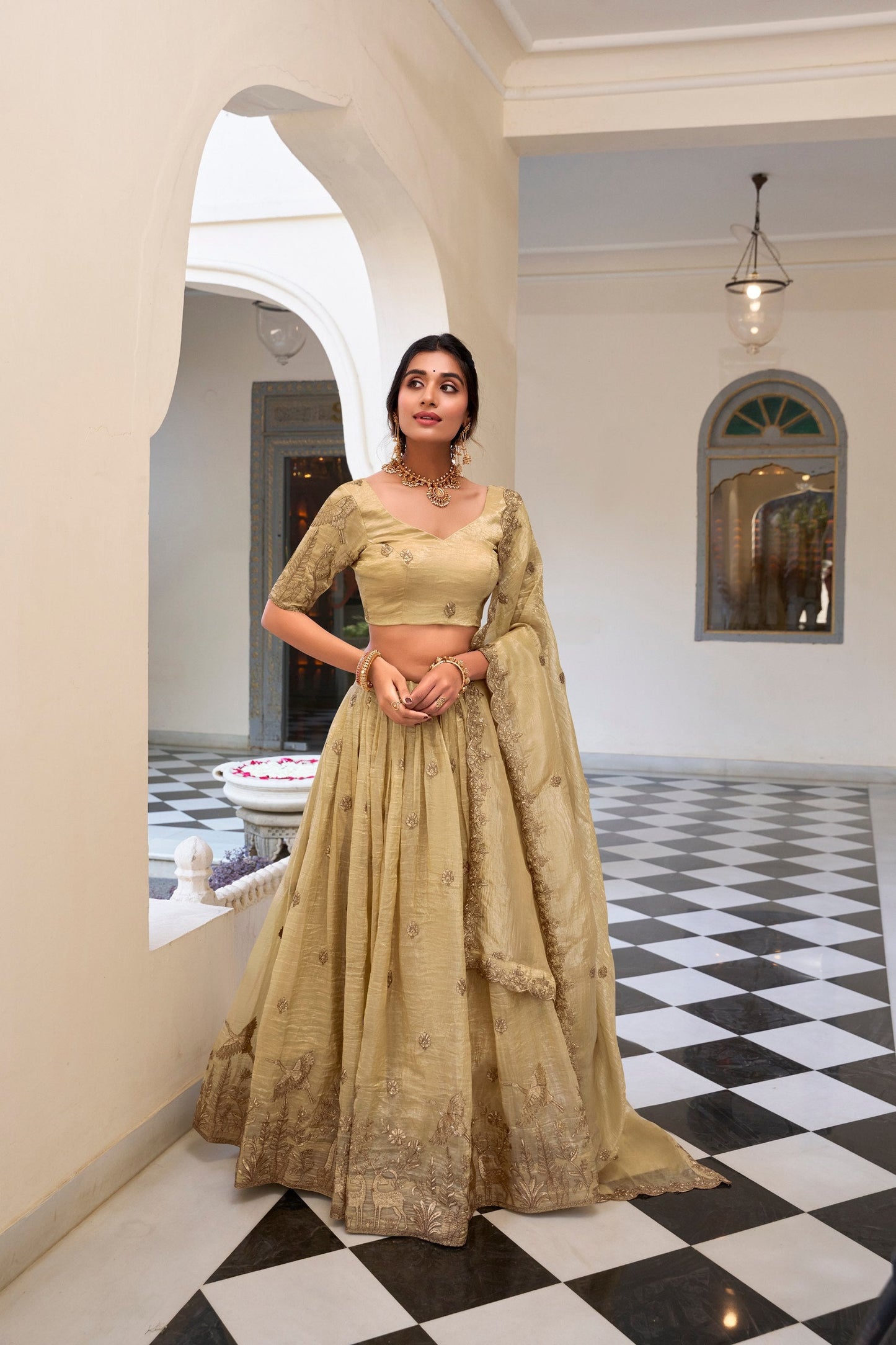 Outstanding Beige Color Gold Crush With Sequins And Thread Embroidery Work Lehenga Choli