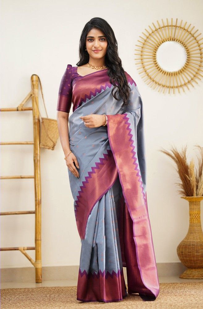 Grey Color Coper Jari Design Jacquard Border Silk Saree