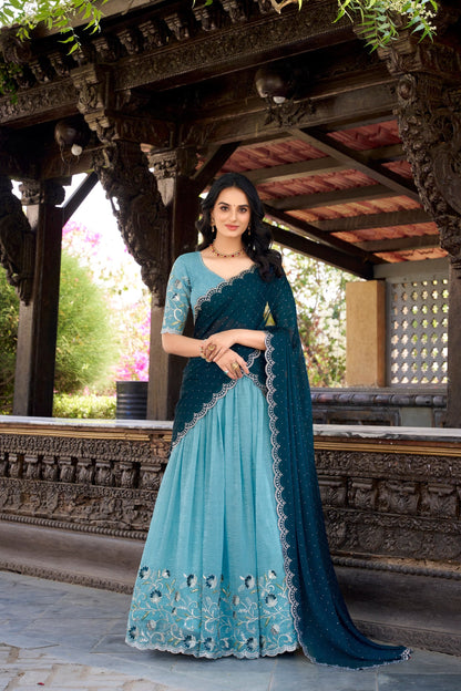 Elegant Sky Color Silver Glosy Sequins And Thread Embroidery Work With Hotfix Designer Lehenga Choli