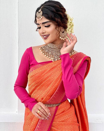 Adorable Pink With Orange Color Soft Lichi Silk Party Wear Saree