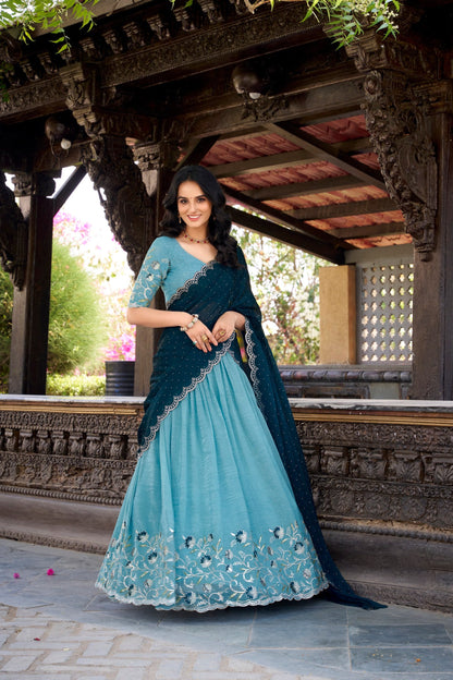 Elegant Sky Color Silver Glosy Sequins And Thread Embroidery Work With Hotfix Designer Lehenga Choli