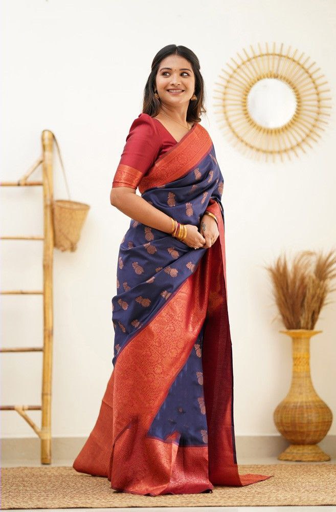 Glorious Blue Color Coper Jari Work Silk Saree