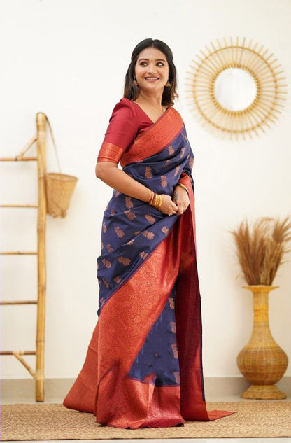 Glorious Blue Color Coper Jari Work Silk Saree