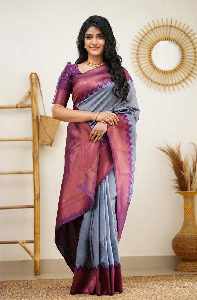 Grey Color Coper Jari Design Jacquard Border Silk Saree