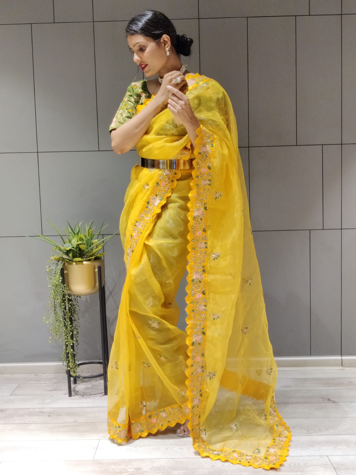 Yellow Color Coding & Sequins Work Ready To Wear Organza Saree