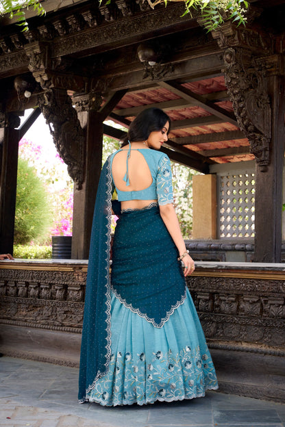Elegant Sky Color Silver Glosy Sequins And Thread Embroidery Work With Hotfix Designer Lehenga Choli