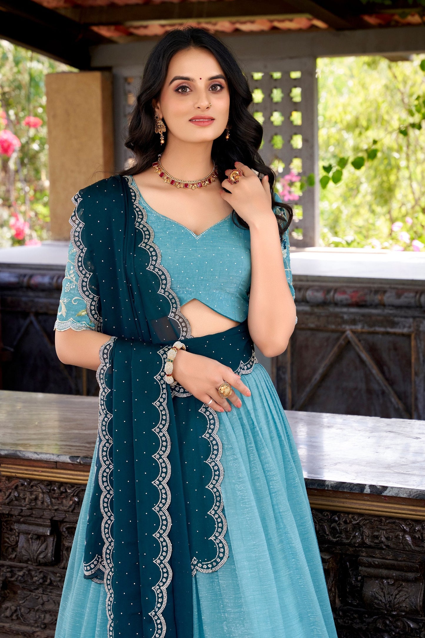 Elegant Sky Color Silver Glosy Sequins And Thread Embroidery Work With Hotfix Designer Lehenga Choli