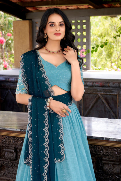 Elegant Sky Color Silver Glosy Sequins And Thread Embroidery Work With Hotfix Designer Lehenga Choli
