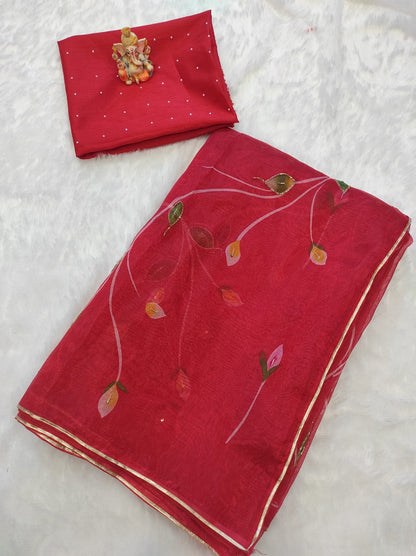 Digital Printed Red color Heavy Handwork Organza Saree