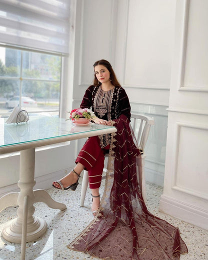 Maroon Color Sequence Embroidered Work Designer Velvet Salwar Suit