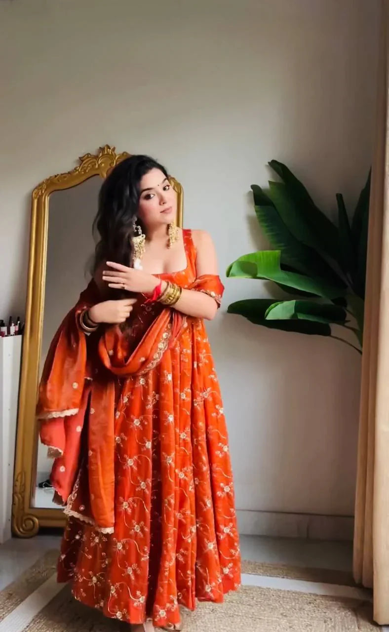 Radiant Elegance Orange Embroidered Designer Anarkali Suit Set