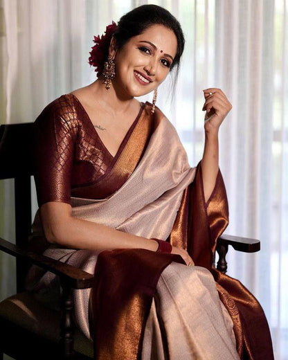 Gorgeous Off White With Maroon Color Coper Jari Design Soft Silk Saree