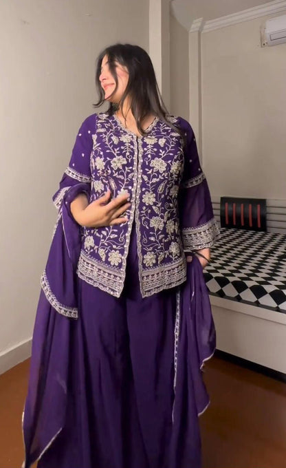 Sequence Thread Work Purple Color Palazzo With Top