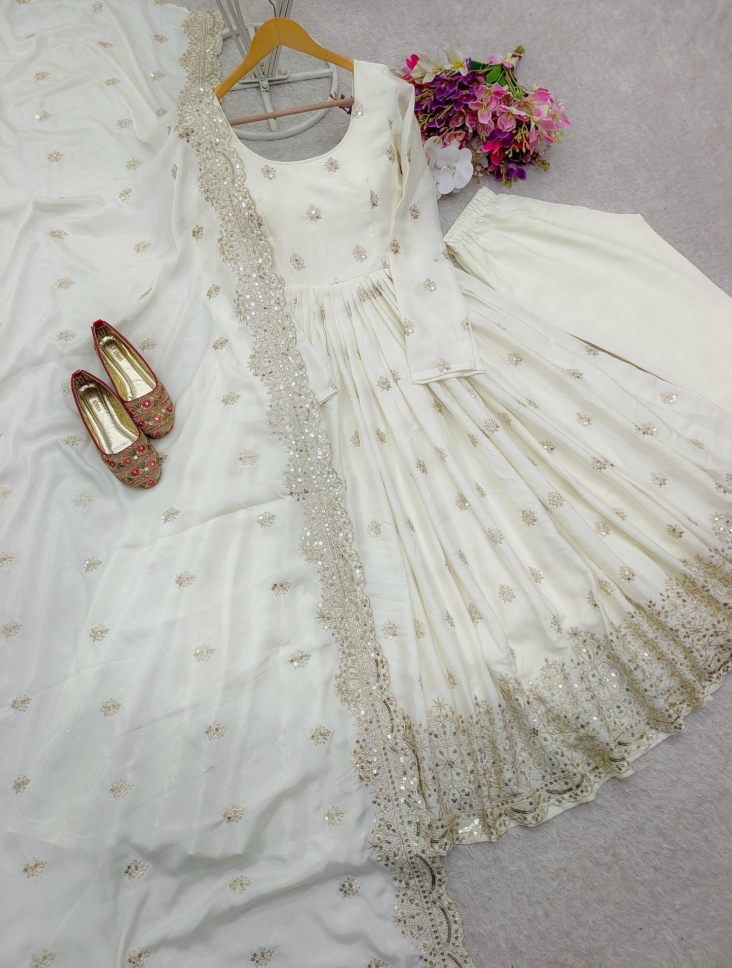 Graceful Chinon Silk White Color Sequence Work Gown