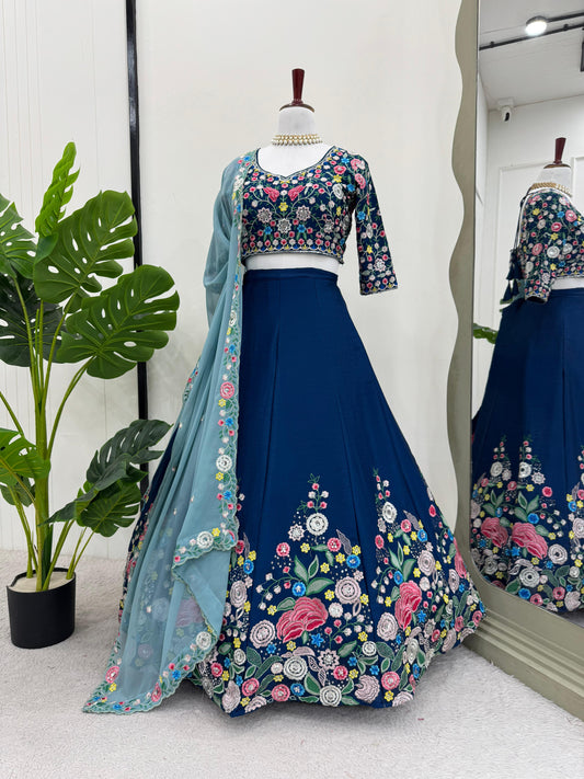 Fantastic Chinon Silk Sequence Work Blue Color Lehenga Choli