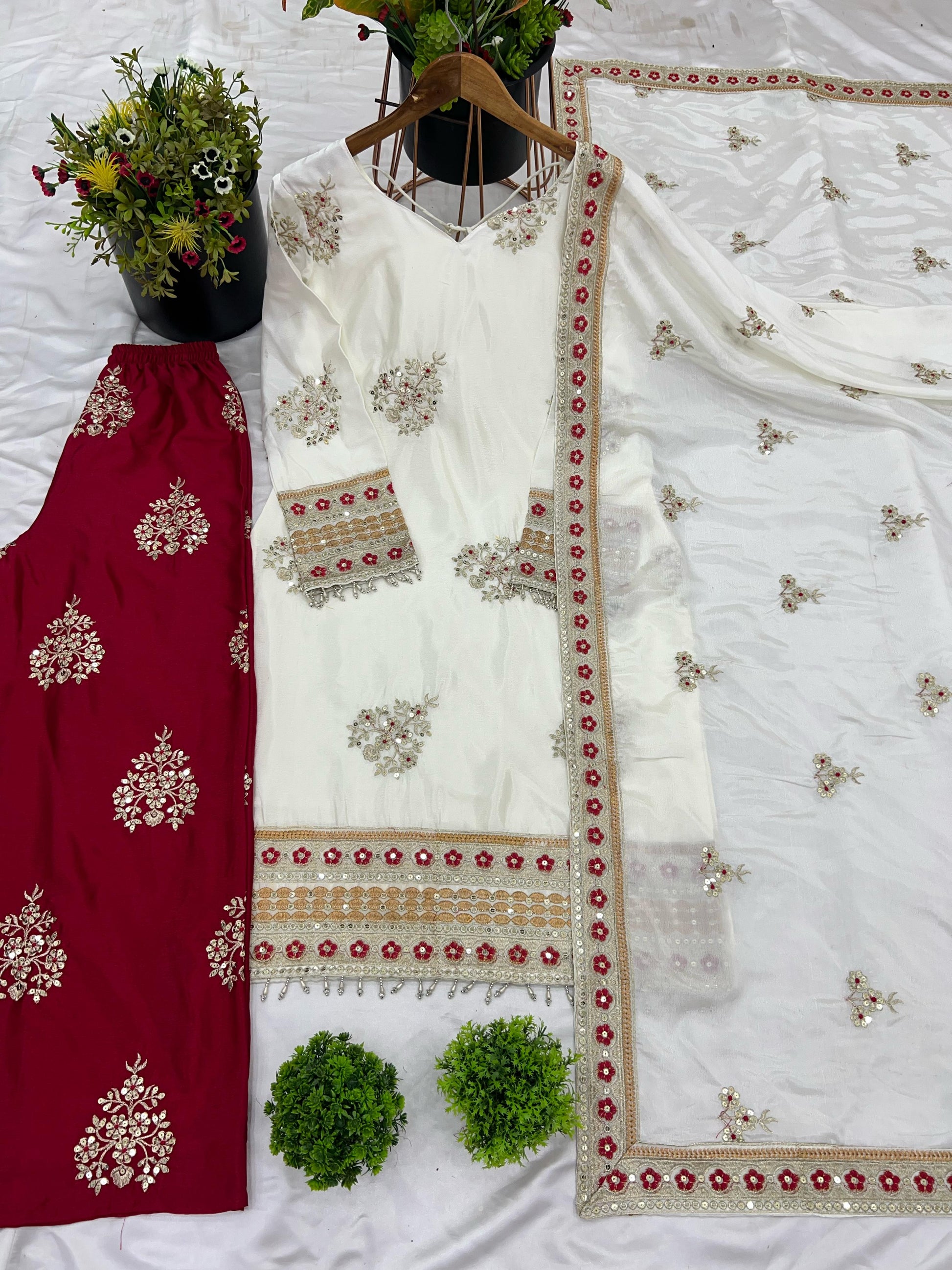 Flattering White & Red Color Chinnon Silk Palazzo Suit