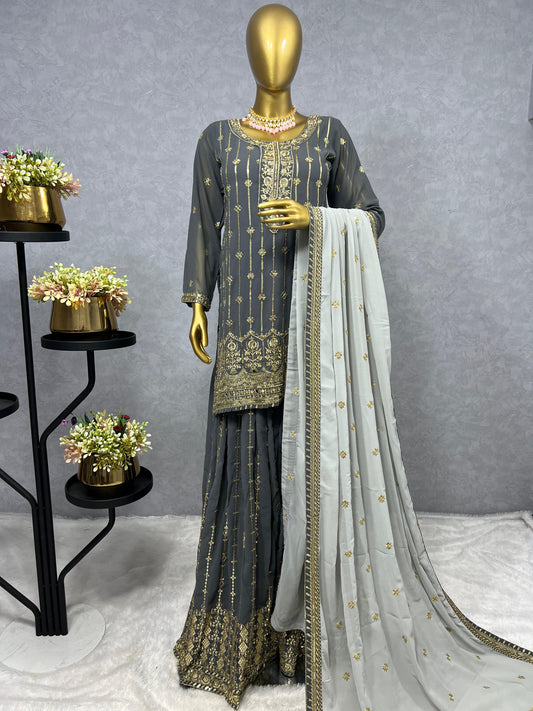Pattern Wedding & Party Wear Mirror Hand Work Gray Color Salwar Suit With Contrast Dupatta