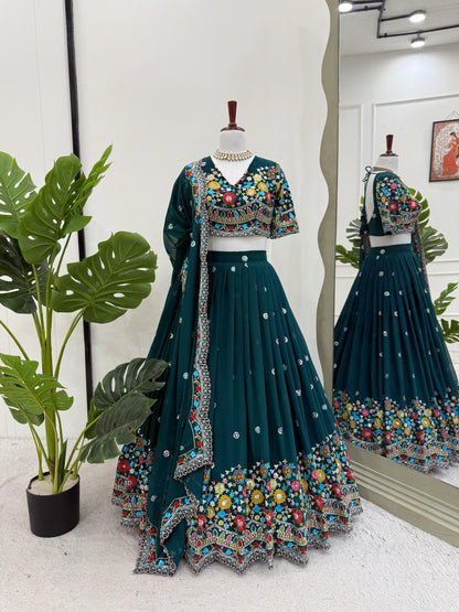 Multi Thread Work Georgette Green Color Lehenga Choli