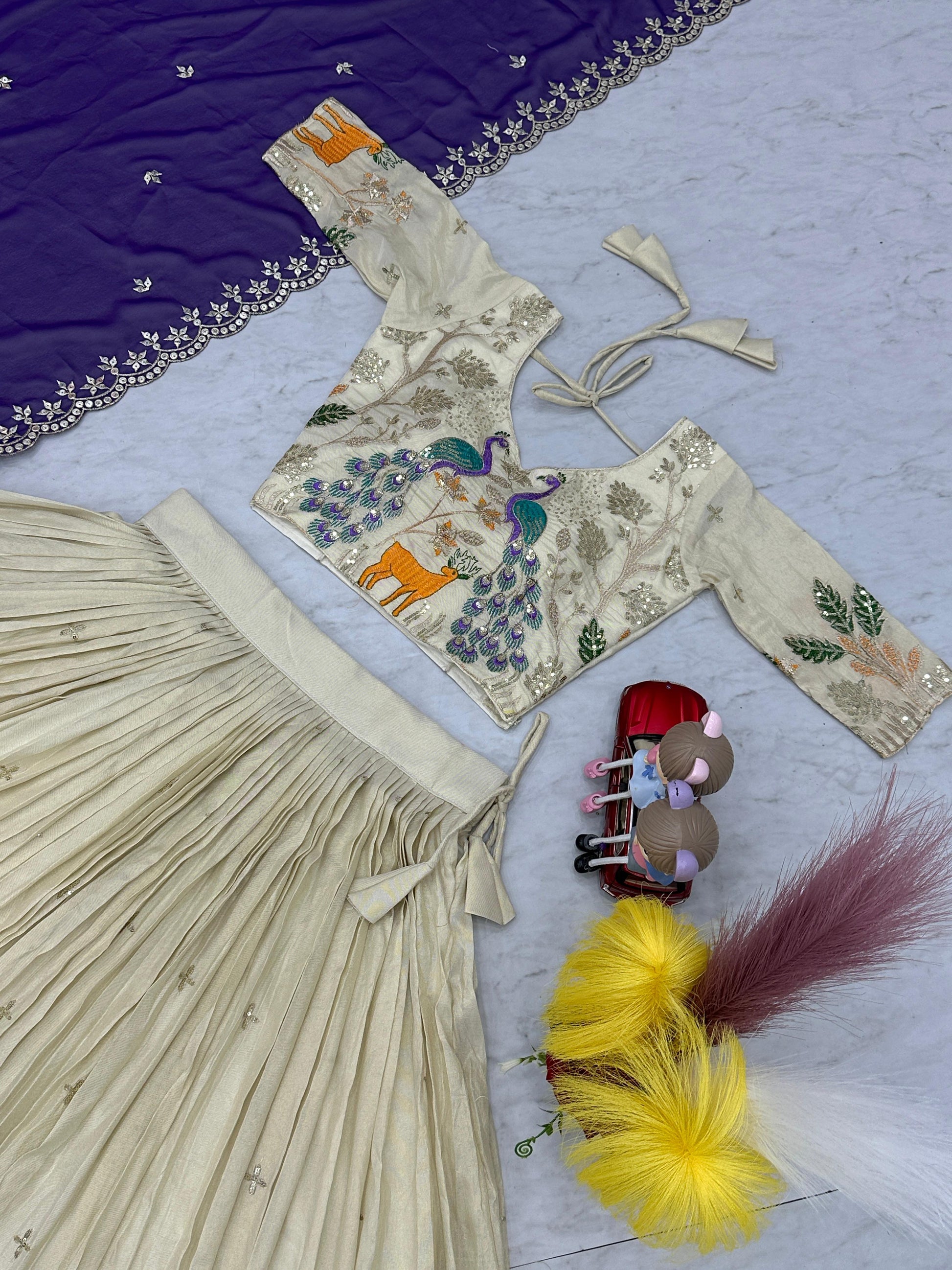 Pattern Wedding & Party Wear White Color With Purple Dupatta Lehenga Choli