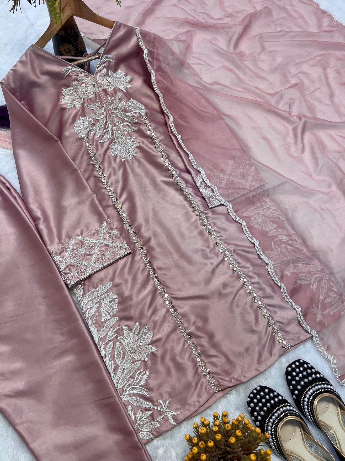 Trendy Pink Color Sequence Work Palazzo Suit