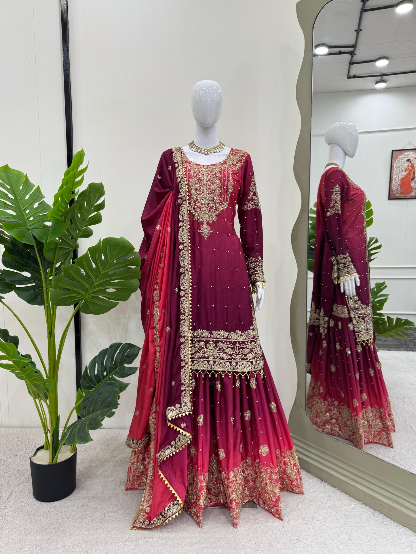 Good Looking Chinon Silk Rivet Moti Pink Color Sharara Suit
